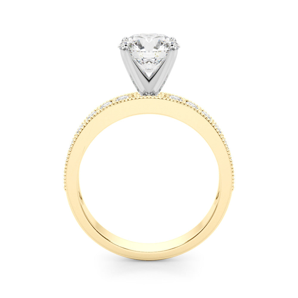 Yellow gold Round Milgrain Pave Diamond Engagement Ring with Four-Prong Setting 2