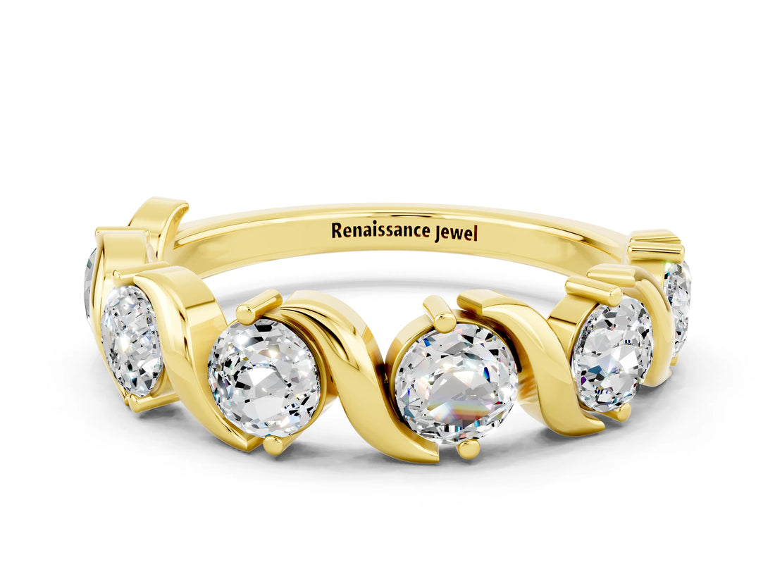 Yellow gold Round Moissanite Half Eternity Band with Wave Prong Setting_6