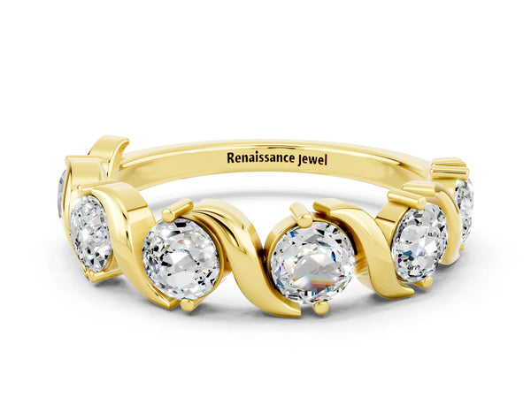 Yellow Gold Round Moissanite Wave Half Eternity Wedding Band with Prong Set Stones