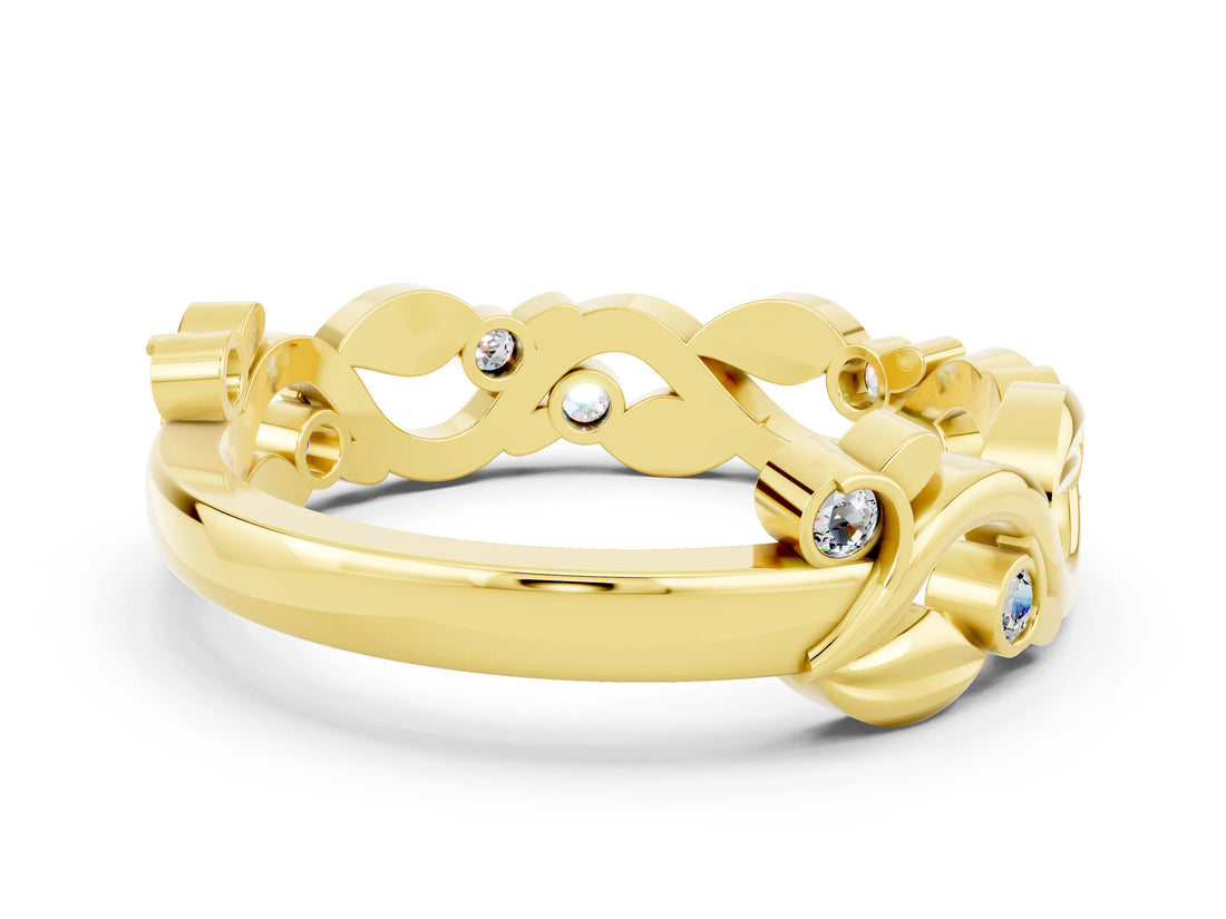 Yellow gold Round Moissanite Leaf Eternity Band with Bezel Setting_42
