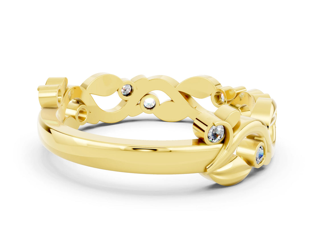 Yellow gold Round Moissanite Leaf Eternity Band with Bezel Setting_42