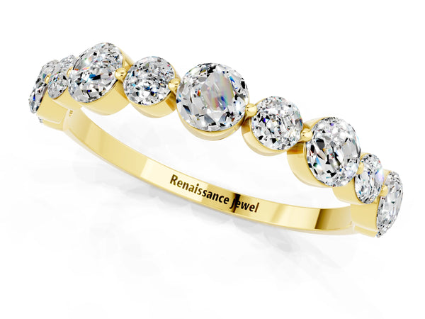 Yellow Gold Round Moissanite Half Eternity Band with Scalloped Prong Setting