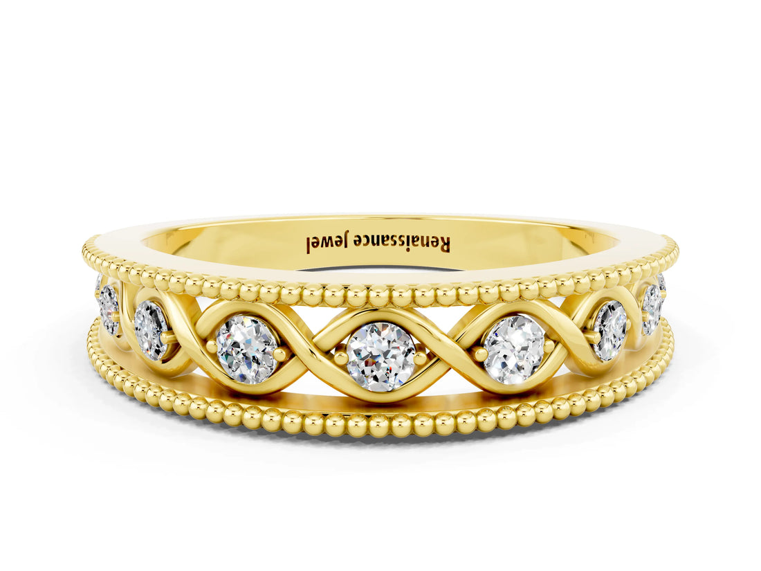 Yellow gold Round Moissanite Twist Milgrain Band with Bezel Setting_12