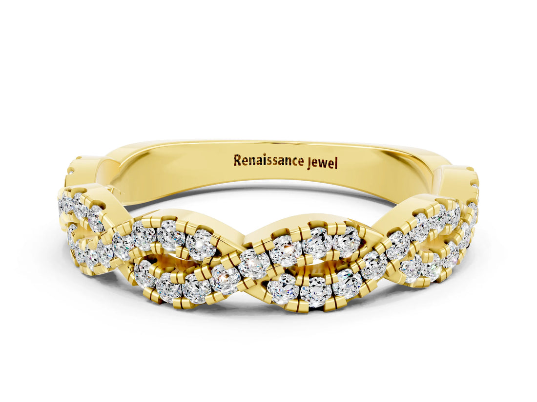 Yellow gold Round Moissanite Twisted Eternity Band with Pavé and Shared Prong Setting_22