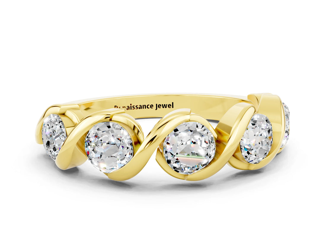Yellow gold Round Moissanite Wave Band with Channel Setting and Shared Prongs_6