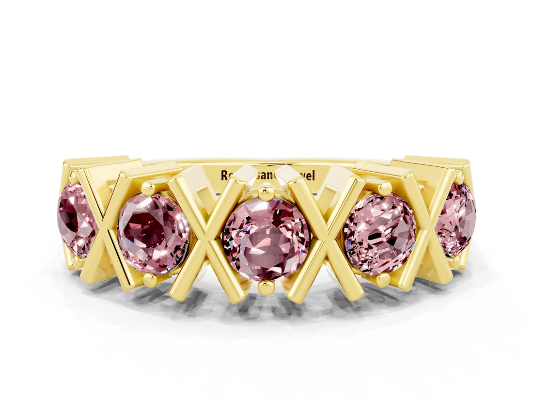 Yellow gold Round Morganite Channel Set Band with X-Prong Detail_6