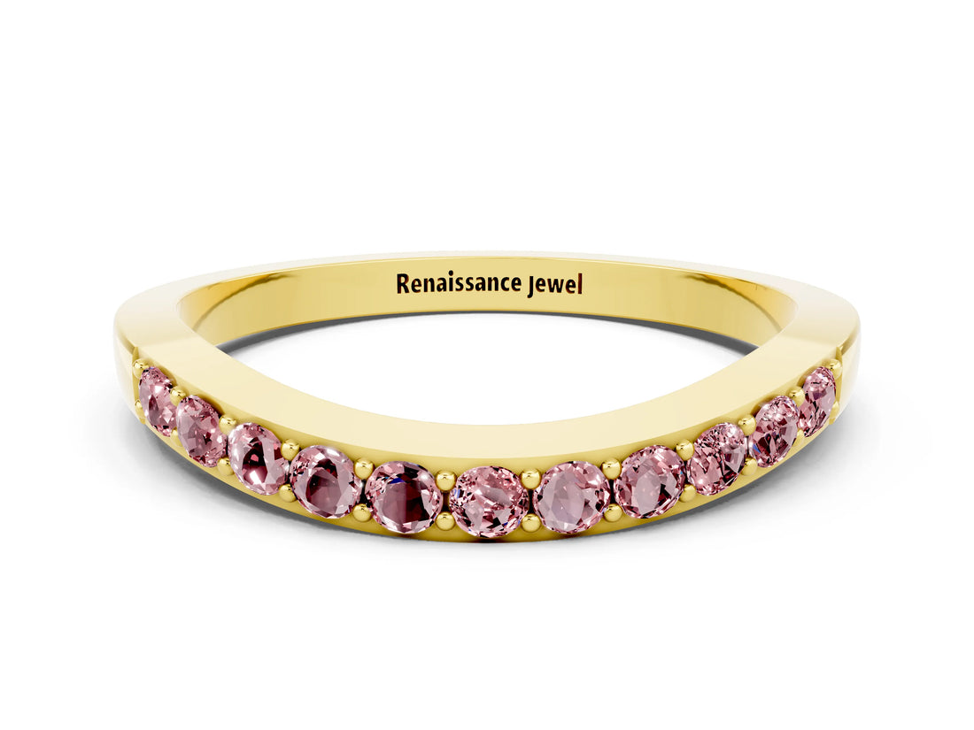 Yellow gold Round Morganite Curved Wedding Band with Channel Setting_6