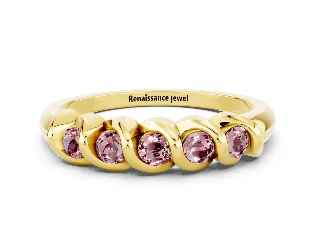 Yellow gold Round Morganite Eternity Band with Twist Prong Setting_6
