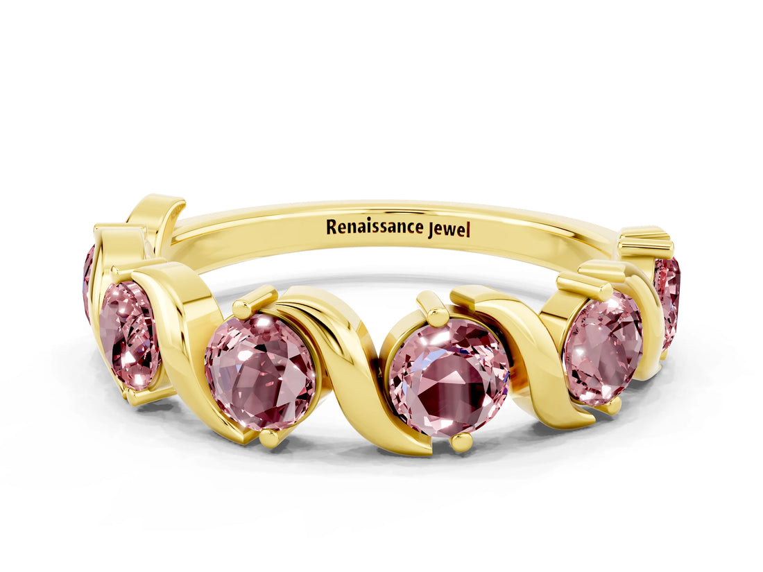 Yellow gold Round Morganite Half Eternity Band with Wave Prong Setting_6