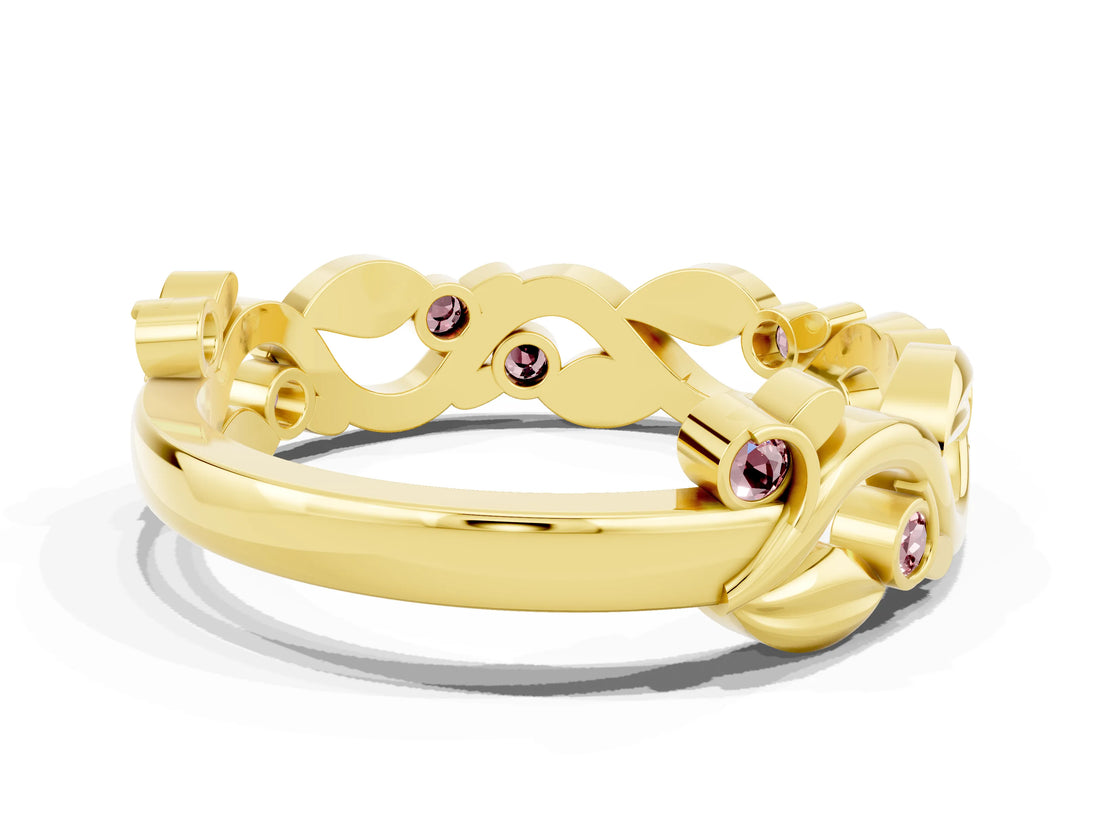 Yellow gold Round Morganite Leaf Eternity Band with Bezel Setting_78
