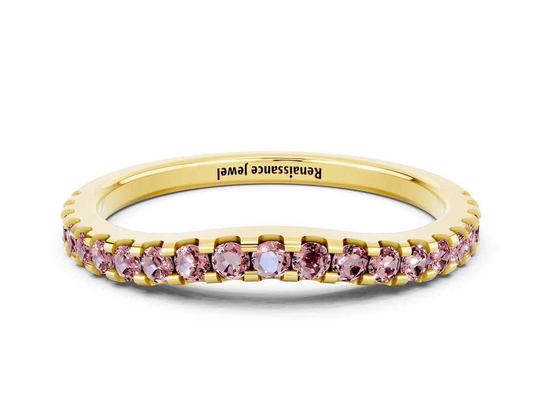 Yellow gold Round Morganite Pavé Set Curved Wedding Band_6
