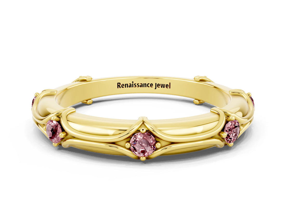 Yellow gold Round Morganite Prong Set Milgrain Eternity Band_6