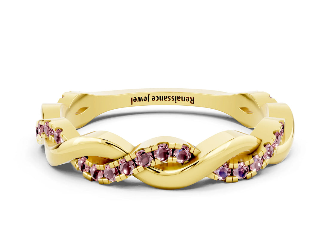 Yellow gold Round Morganite Twist Eternity Band with Pavé Setting_6