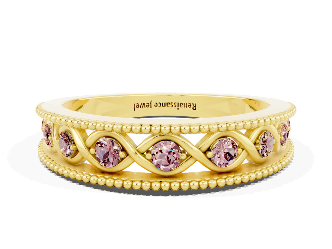 Yellow gold Round Morganite Twist Milgrain Band with Bezel Setting_12