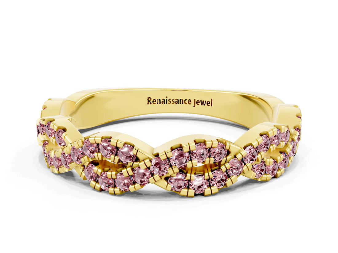 Yellow gold Round Morganite Twisted Eternity Band with Pavé and Shared Prong Setting_22