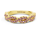 Yellow gold Round Morganite Twisted Eternity Band with Pavé and Shared Prong Setting_22