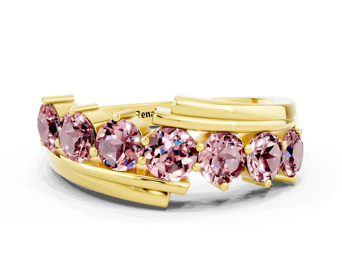 Yellow gold Round Morganite Wave Band with Channel and Shared Prong Setting_18
