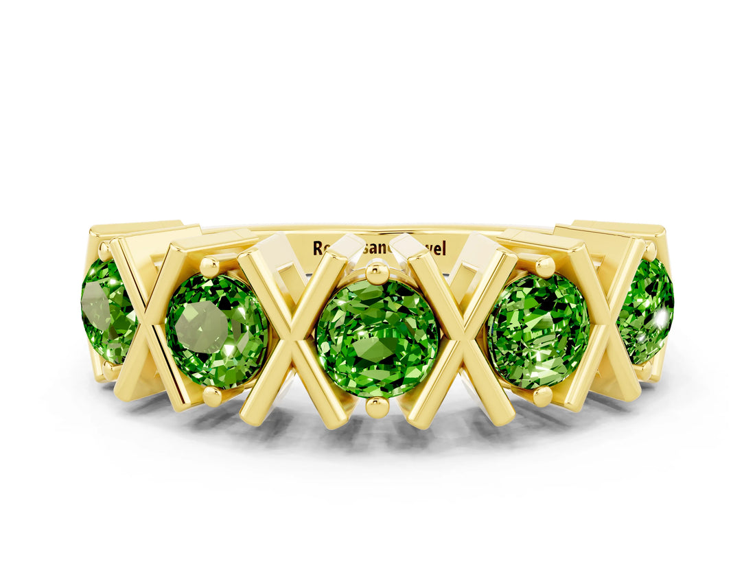Yellow gold Round Peridot Channel Set Band with X-Prong Detail_6