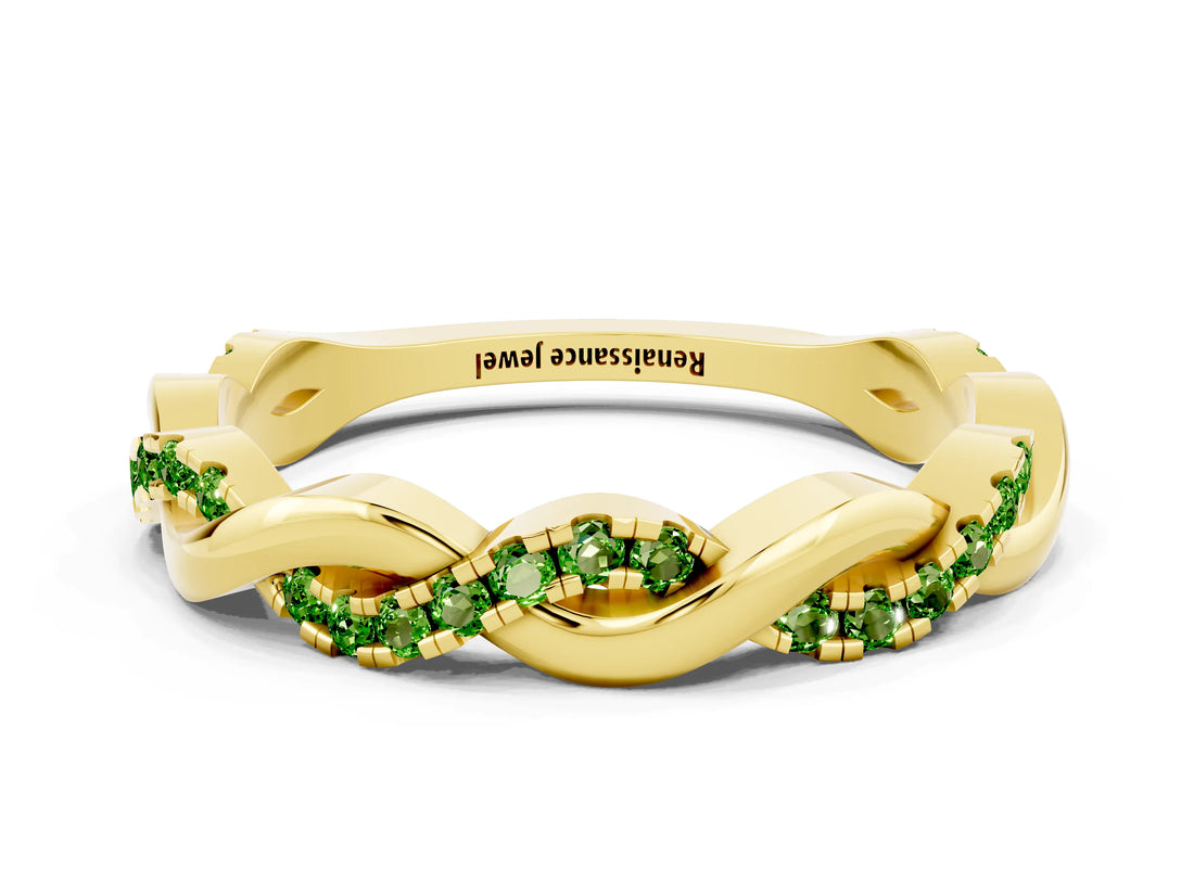 Yellow gold Round Peridot Twist Eternity Band with Pavé Setting_6