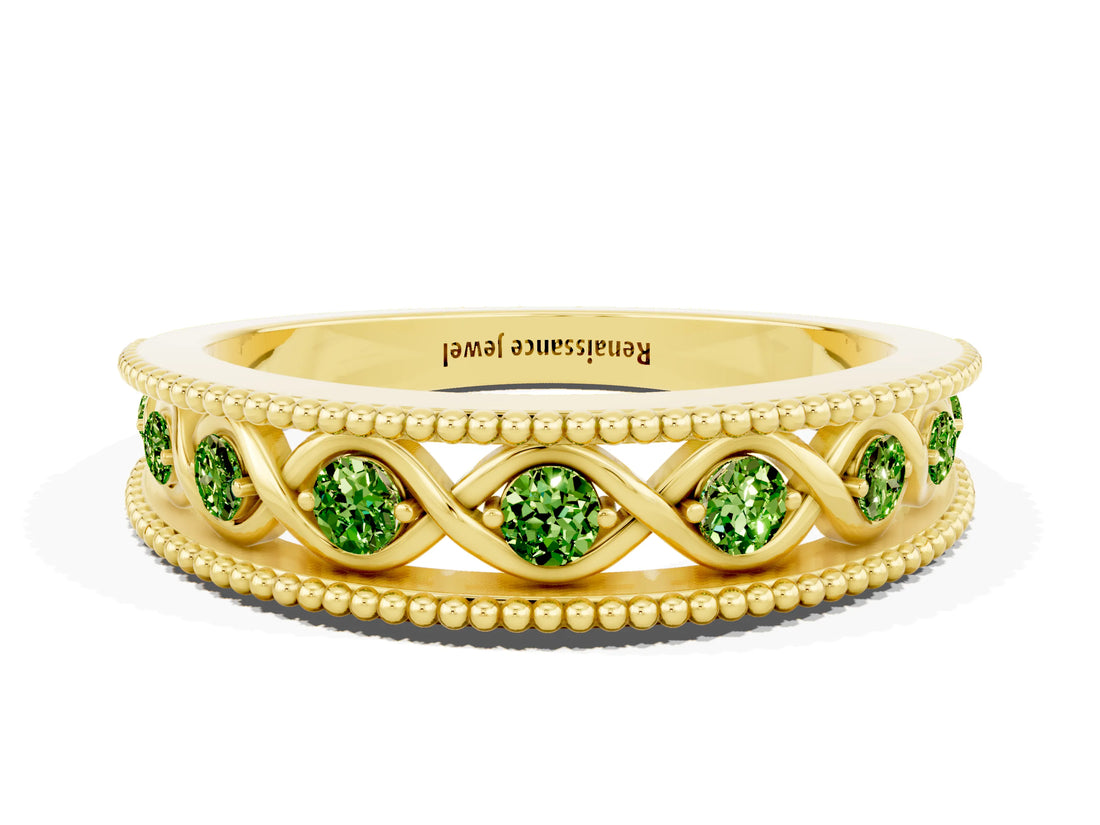 Yellow gold Round Peridot Twist Milgrain Band with Bezel Setting_12