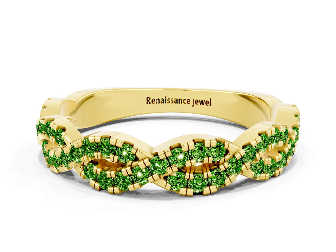 Yellow gold Round Peridot Twisted Eternity Band with Pavé and Shared Prong Setting_22