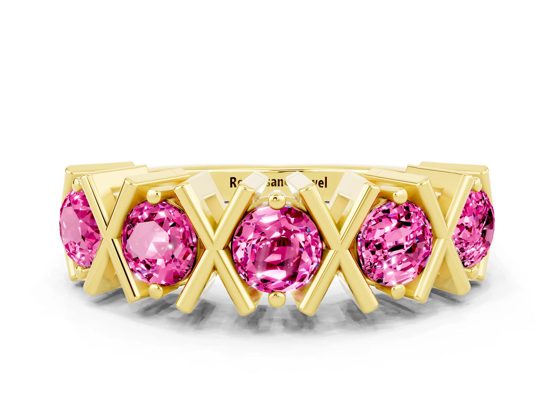 Yellow gold Round Pink Sapphire Channel Set Band with X-Prong Detail_6