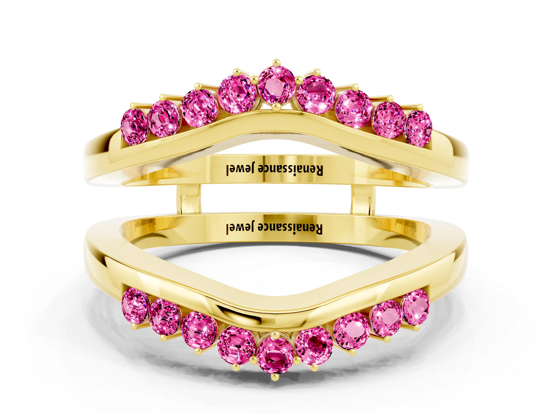 Yellow gold Round Pink Sapphire Chevron Contour Band with Prong Setting_18