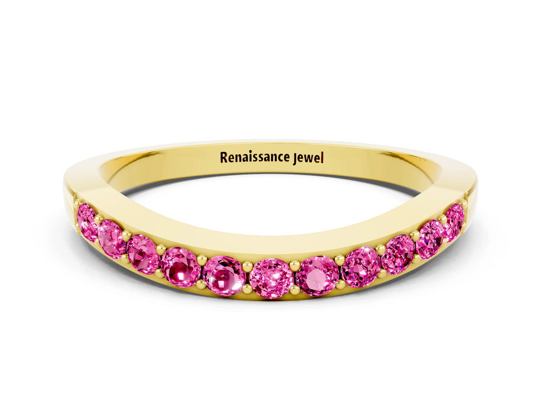 Yellow gold Round Pink Sapphire Curved Wedding Band with Channel Setting_18