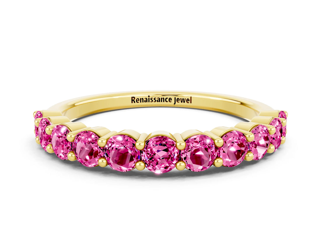 Yellow gold Round Pink Sapphire Half Eternity Band with Prong Setting_18