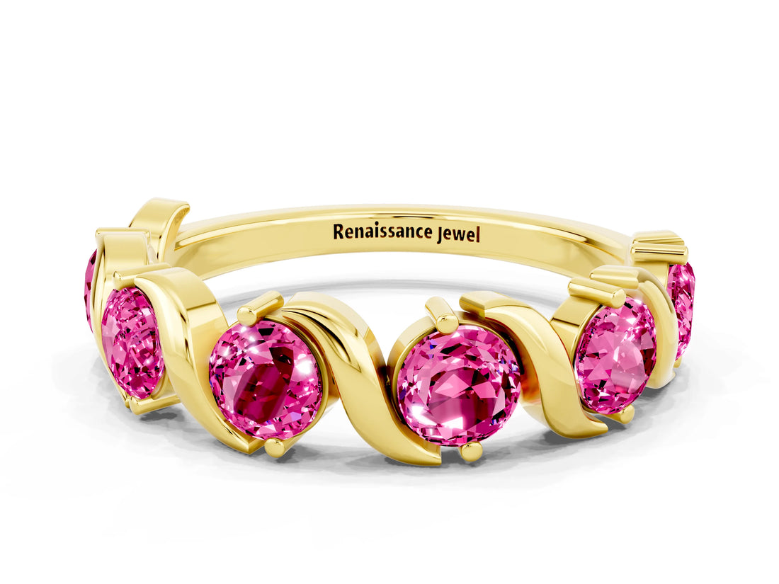 Yellow gold Round Pink Sapphire Half Eternity Band with Wave Prong Setting_6
