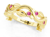 Yellow gold Round Pink Sapphire Leaf Eternity Band with Bezel Setting_91