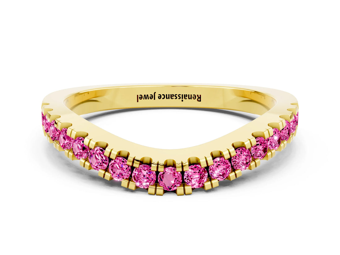 Yellow gold Round Pink Sapphire Pavé Curved Band with Shared Prong Setting_18