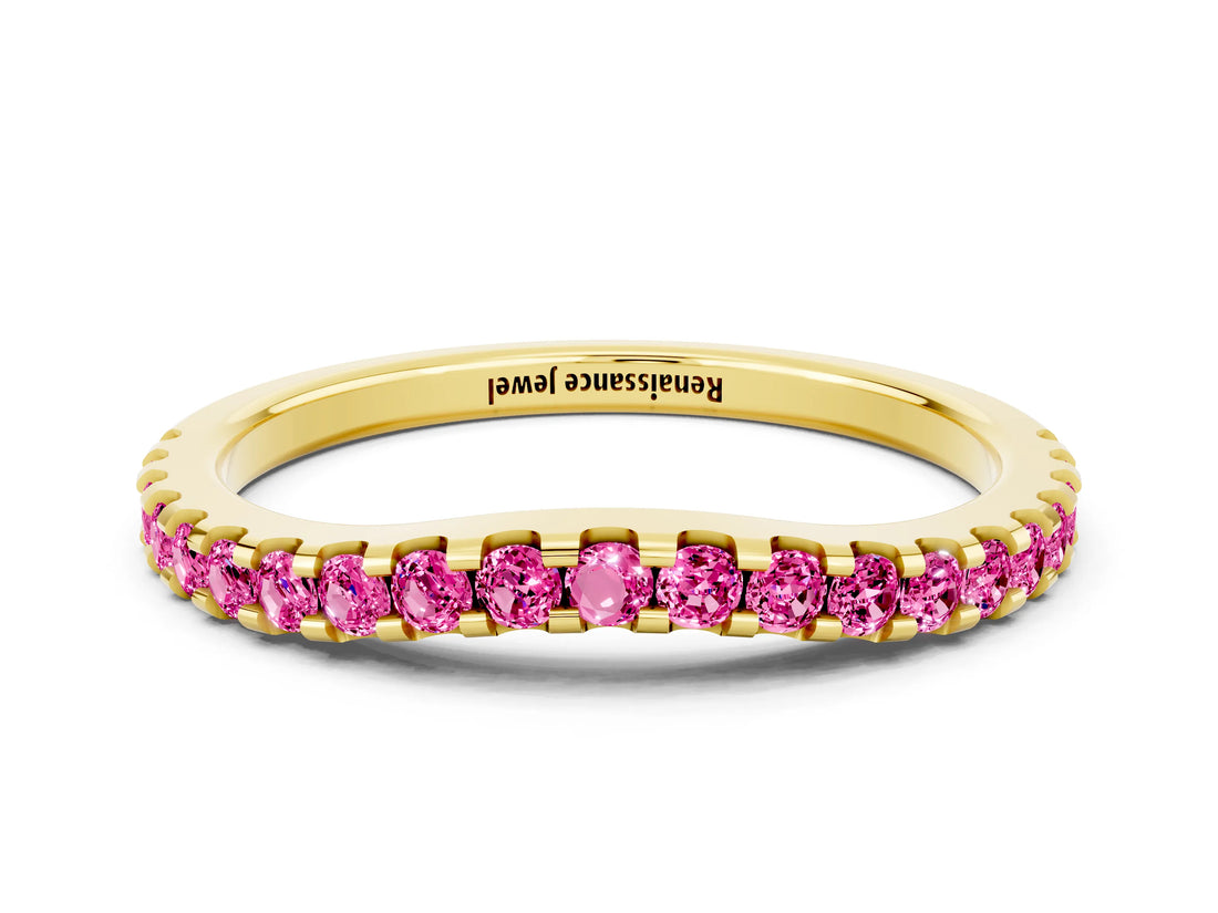 Yellow gold Round Pink Sapphire Pavé Curved Wedding Band_18