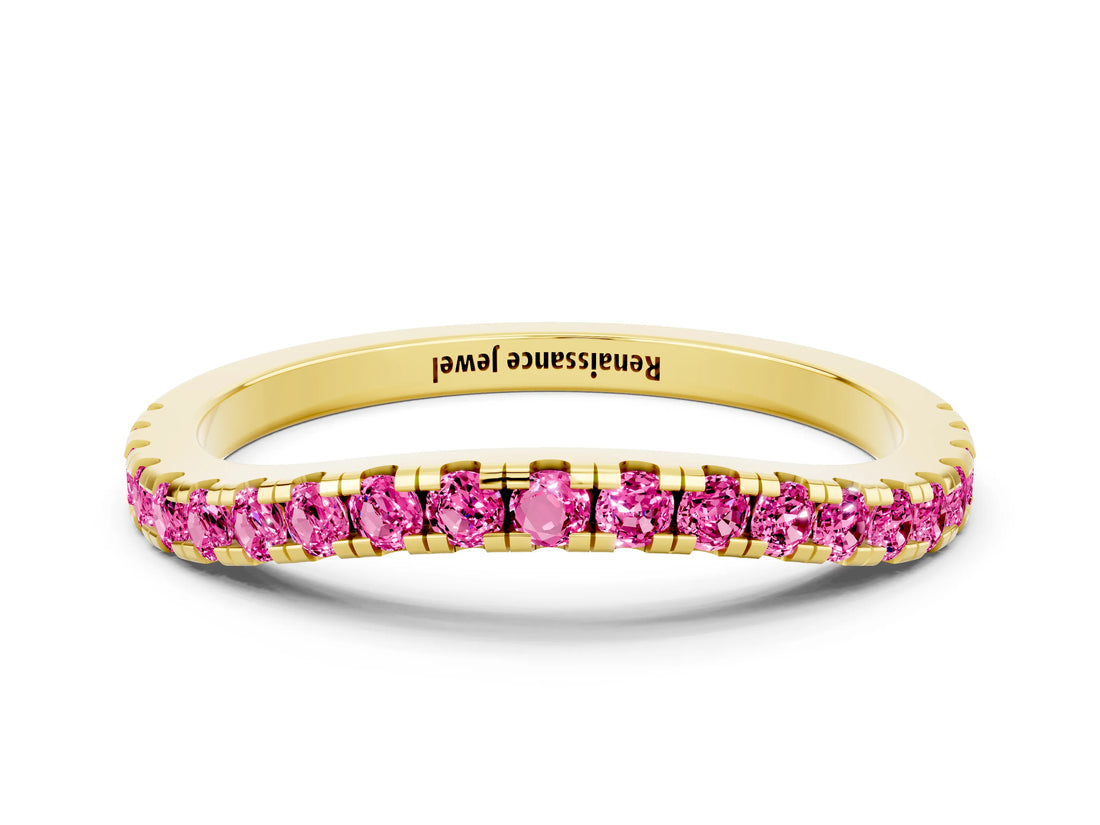 Yellow gold Round Pink Sapphire Pavé Half Eternity Band with Shared Prong Setting_18