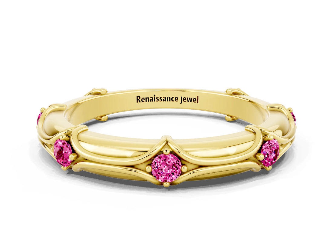 Yellow gold Round Pink Sapphire Prong Set Milgrain Eternity Band_6