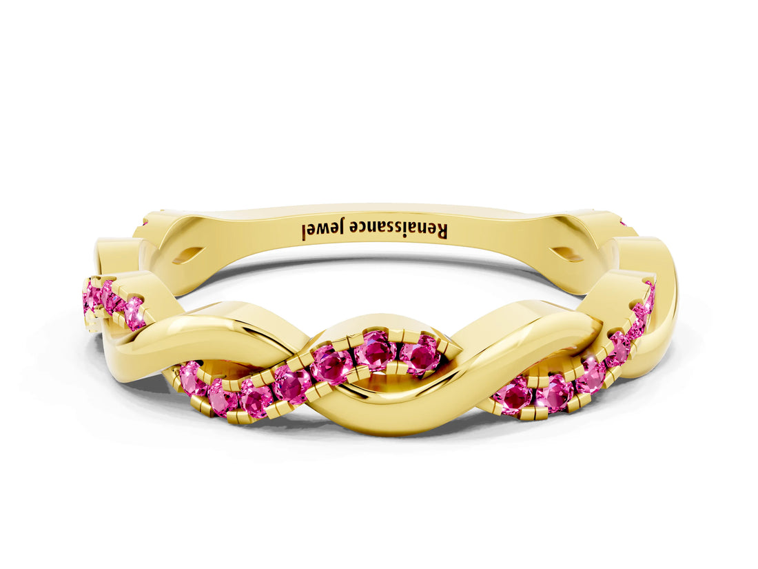Yellow gold Round Pink Sapphire Twist Eternity Band with Pavé Setting_6