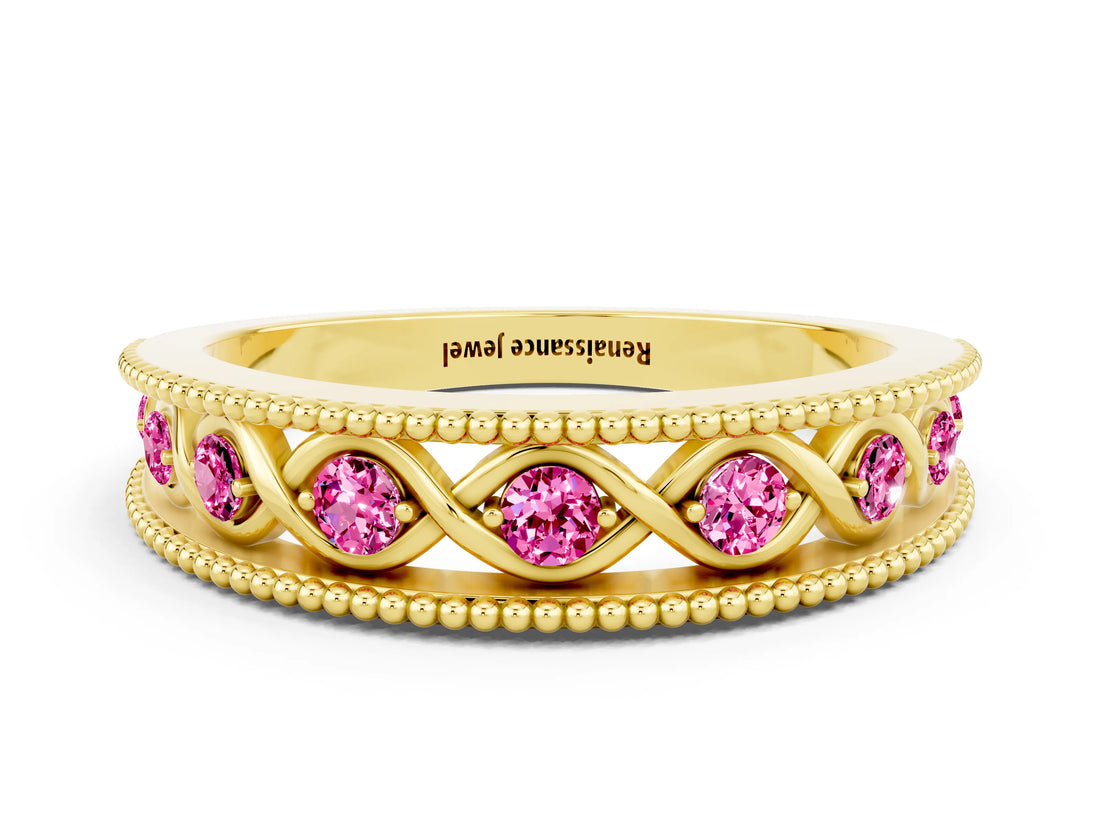 Yellow gold Round Pink Sapphire Twist Milgrain Band with Bezel Setting_12