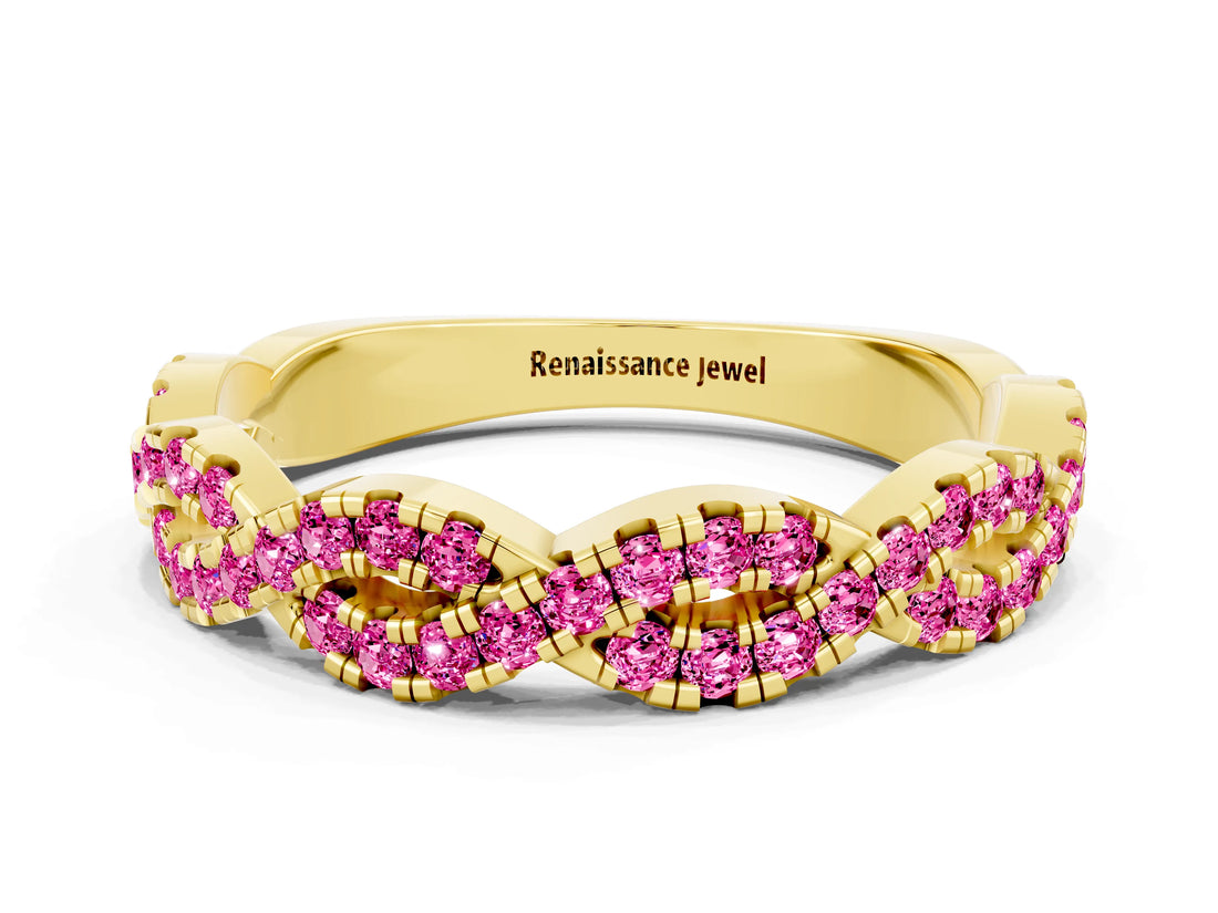 Yellow gold Round Pink Sapphire Twisted Eternity Band with Pavé and Shared Prong Setting_22