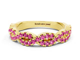 Yellow gold Round Pink Sapphire Twisted Eternity Band with Pavé and Shared Prong Setting_22