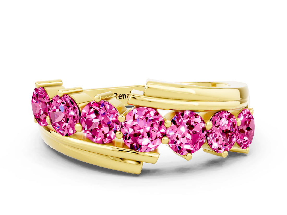 Yellow gold Round Pink Sapphire Wave Band with Channel and Shared Prong Setting_18