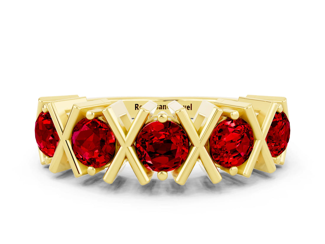 Yellow gold Round Ruby Channel Set Band with X-Prong Detail_6