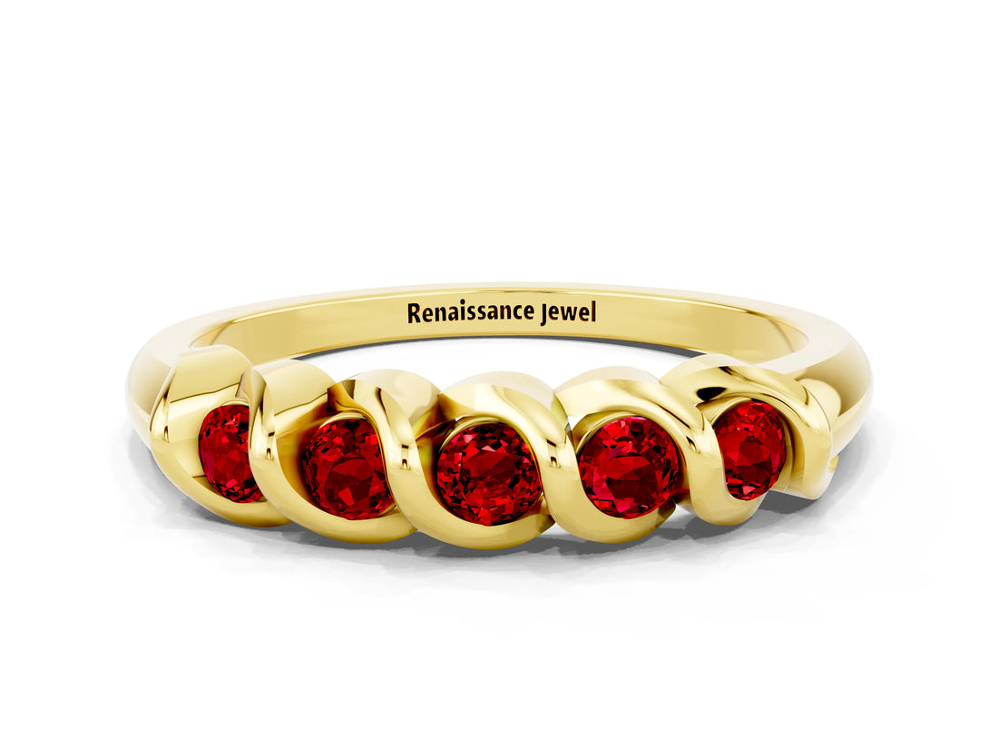 Yellow gold Round Ruby Eternity Band with Twist Prong Setting_6