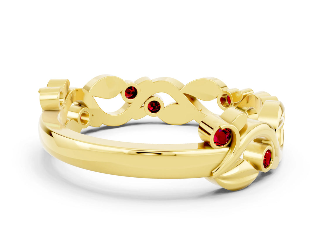 Yellow gold Round Ruby Leaf Eternity Band with Bezel Setting_42