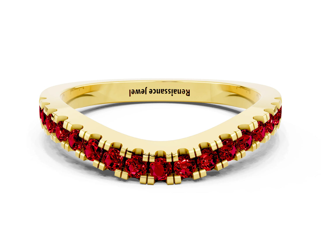 Yellow gold Round Ruby Pavé Curved Band with Shared Prong Setting_6