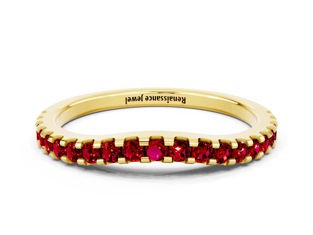 Yellow gold Round Ruby Pavé Set Curved Wedding Band_6