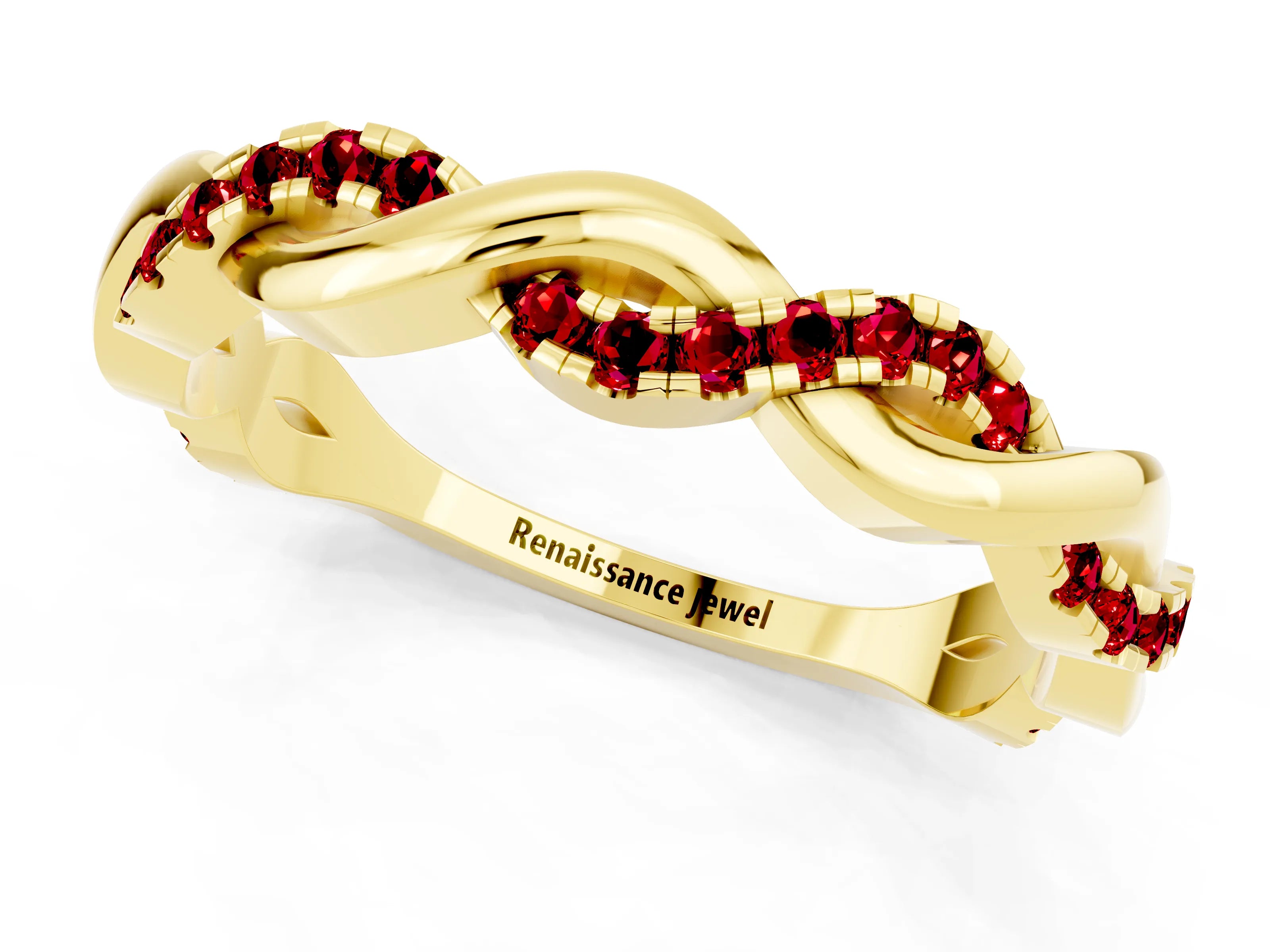 Yellow gold Round Ruby Twist Eternity Band with Pavé Setting_7