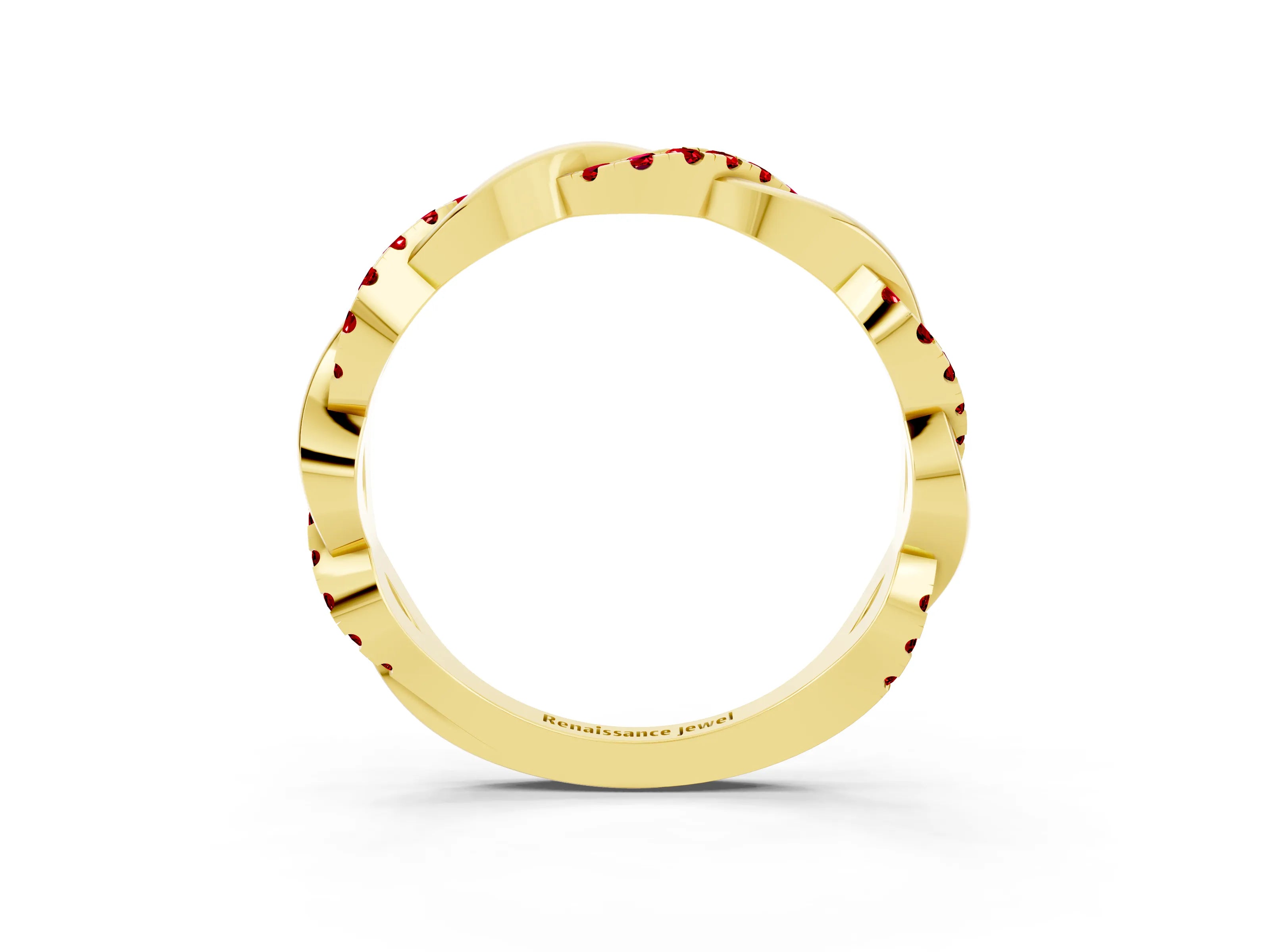 Yellow gold Round Ruby Twist Eternity Band with Pavé Setting_9