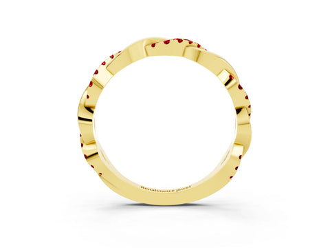 Yellow gold Round Ruby Twist Eternity Band with Pavé Setting_9