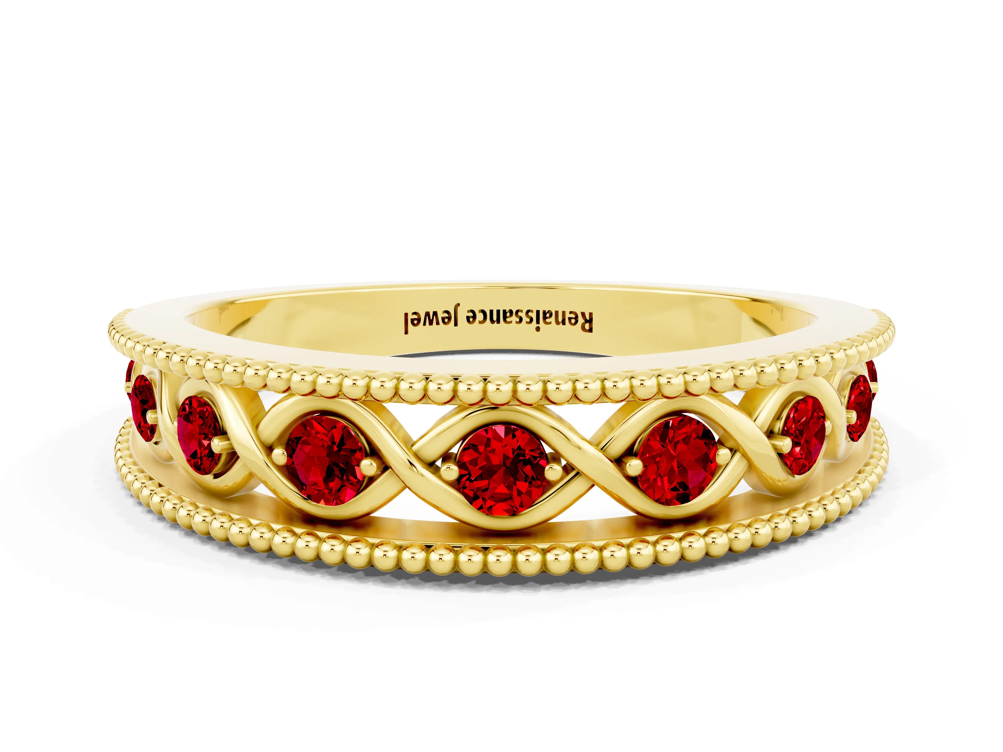 Yellow gold Round Ruby Twist Milgrain Band with Bezel Setting_12