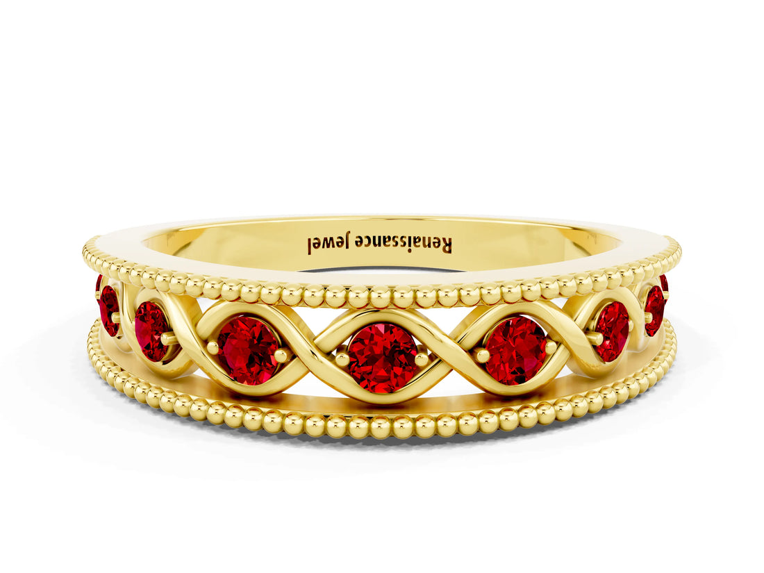 Yellow gold Round Ruby Twist Milgrain Band with Bezel Setting_12